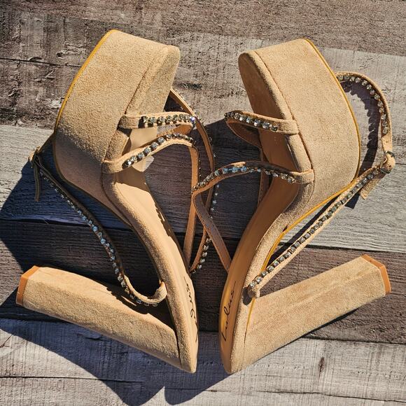 LULUS Pink Suede Crystal Rhinestone Chunky Platform Heels Shoes Women's 10 - Picture 5 of 11